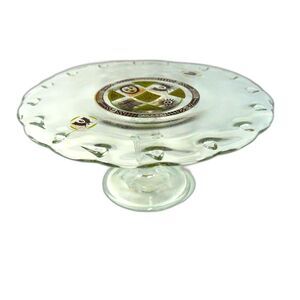 George Briard Glass Pedestal Cakeplate Gold and Green Pattern Mid-Century